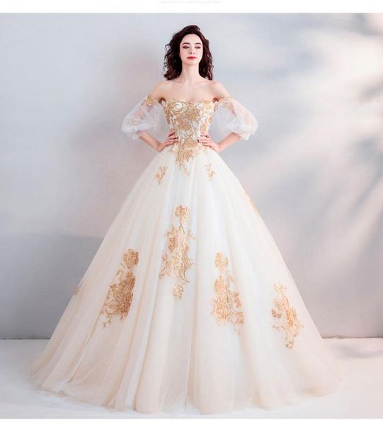 2019 new gold lace ball gown wedding dress short sleeves off the shoulder dubai arabic women princess non white bridal gowns 854345
2019 new gold lace ball gown wedding dress short sleeves off the shoulder dubai arabic women princess non white bridal gowns 854345