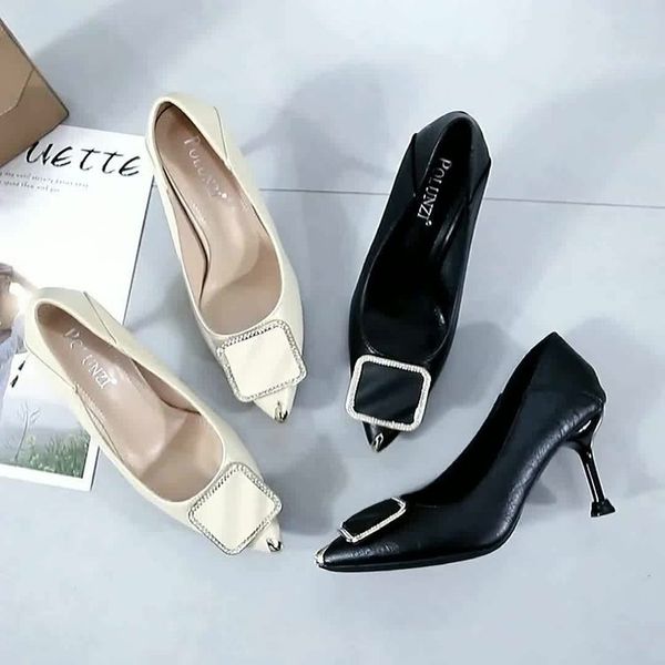 new fashion trend high-heeled shoes single small leather heel high 357 single thin-heeled shallow pu rubber tip, Black
new fashion trend high-heeled shoes single small leather heel high 357 single thin-heeled shallow pu rubber tip, Black