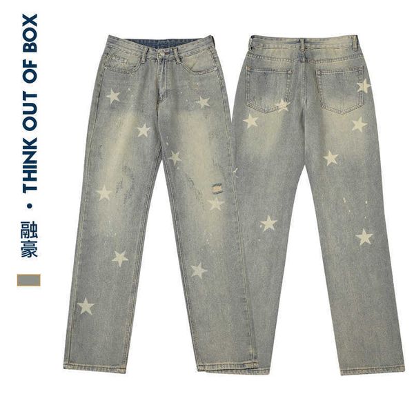 china-chic high street pants oversize design small star jeans men's straight tube loose wide leg pants, Blue
china-chic high street pants oversize design small star jeans men's straight tube loose wide leg pants, Blue