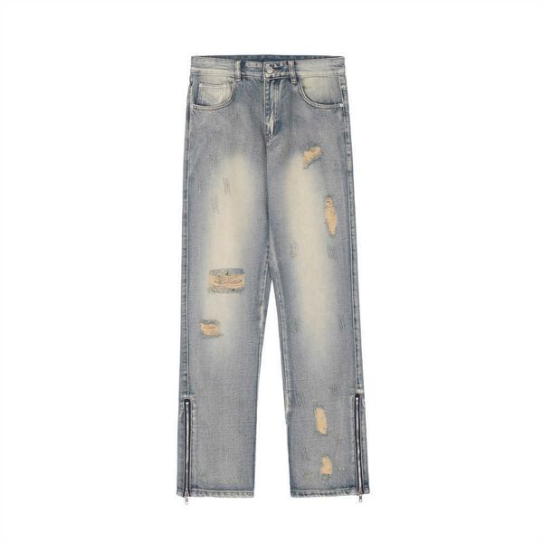 perforated, washed, ground white, worn-out jeans, men's high street, american casual pants, zippered, slit, straight leg pants, Blue
perforated, washed, ground white, worn-out jeans, men's high street, american casual pants, zippered, slit, straight leg pants, Blue