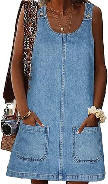 womens sleeveless casual denim dress crewneck vintage overall mini dress with pockets, Black;gray
womens sleeveless casual denim dress crewneck vintage overall mini dress with pockets, Black;gray