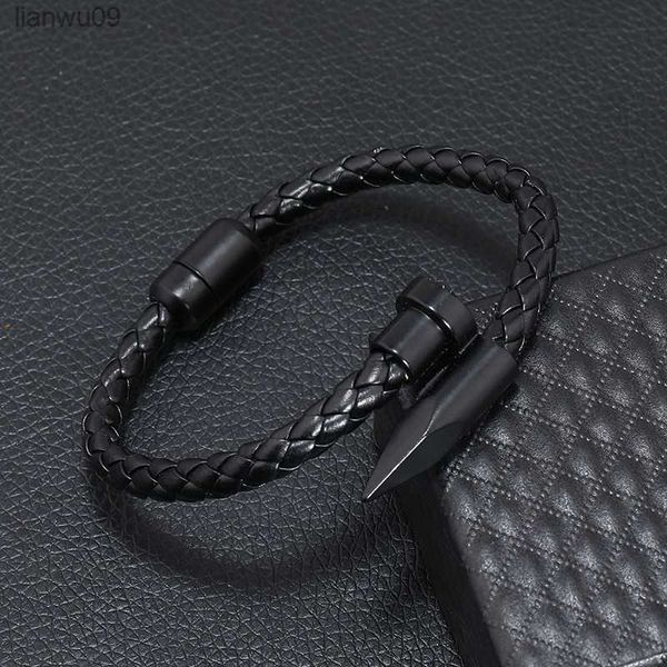 new nail bullet bracelet titanium steel leather rope bracelet magnet buckle men braided bracelet handmade bracelet l230704, Black
new nail bullet bracelet titanium steel leather rope bracelet magnet buckle men braided bracelet handmade bracelet l230704, Black