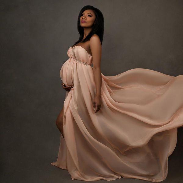 strapless chiffon prom dresses women pleat front slit maternity pshoot dress fluffy boho baby shower gown, Black
strapless chiffon prom dresses women pleat front slit maternity pshoot dress fluffy boho baby shower gown, Black
