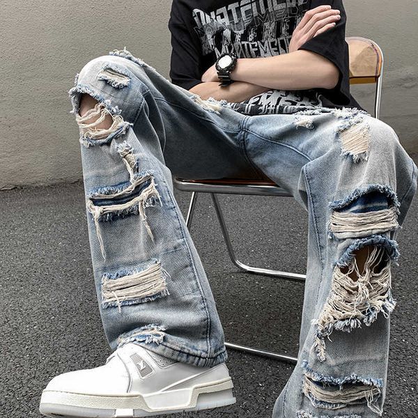 european and american high street vibe men's summer washed torn jeans oversize straight leg nine point beggar pants, Blue
european and american high street vibe men's summer washed torn jeans oversize straight leg nine point beggar pants, Blue