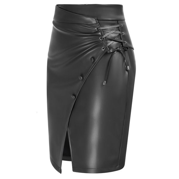 skirts liumilac women skirt pu leather cross wrap around front split ol high waist punk style solid wrinkled bodycon 230720, Black 
skirts liumilac women skirt pu leather cross wrap around front split ol high waist punk style solid wrinkled bodycon 230720, Black