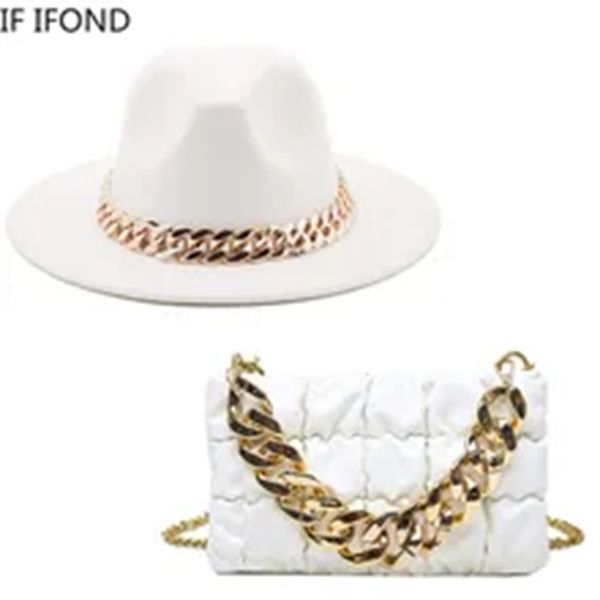 hat for women autumn winter new party jazz fedora hats with fashion luxury oversized chain accessory bag two-piece set a202, White;black
hat for women autumn winter new party jazz fedora hats with fashion luxury oversized chain accessory bag two-piece set a202, White;black