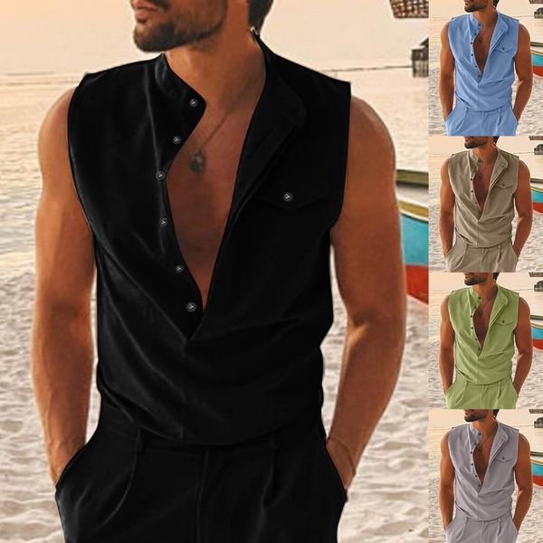 men' tank fashion mens summe cotton linen casual sleeveless loose button vneck pocket tee shirts male streetwear blusa 230720, White;black
men' tank fashion mens summe cotton linen casual sleeveless loose button vneck pocket tee shirts male streetwear blusa 230720, White;black
