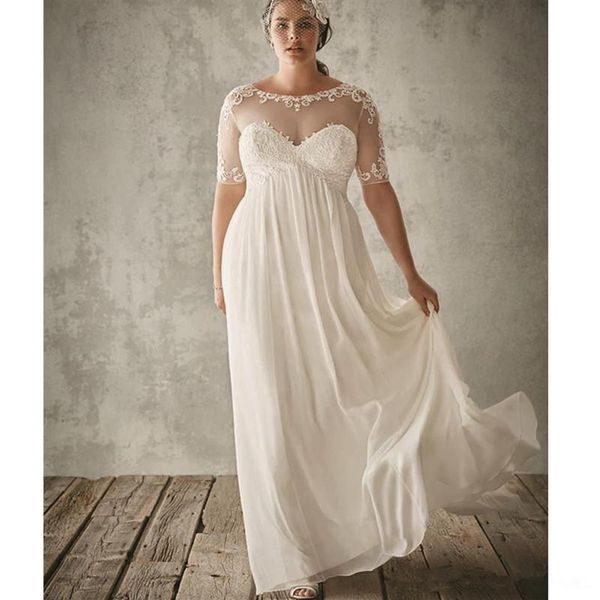 plus size sheer wedding dresses 2019 selling new scoop neckline pleats a-line half sleeve empire lace chiffon beach bridal gow279r, White 
plus size sheer wedding dresses 2019 selling new scoop neckline pleats a-line half sleeve empire lace chiffon beach bridal gow279r, White