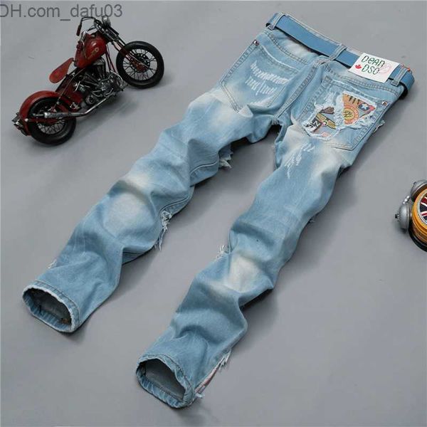 men's jeans men jeans ripped biker hole denim robin patch harem straight punk rock embroidery jeans for men pants z230720, Blue
men's jeans men jeans ripped biker hole denim robin patch harem straight punk rock embroidery jeans for men pants z230720, Blue