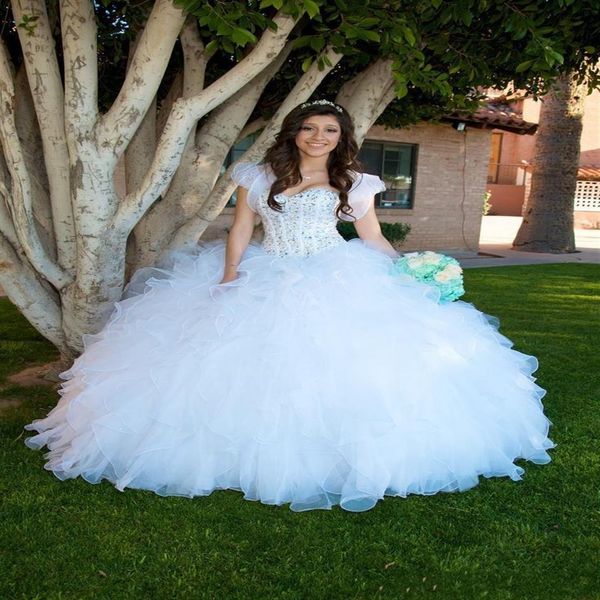 white princess ball gown quinceanera dresses sweetheart beaded crystals tiered ruffles skirt long sweet 16 prom dresses with jacke264l, Blue;red
white princess ball gown quinceanera dresses sweetheart beaded crystals tiered ruffles skirt long sweet 16 prom dresses with jacke264l, Blue;red