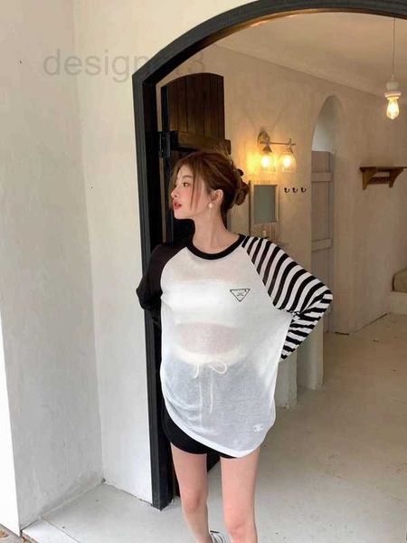 women's t-shirt designer 2023 new tian si mao knitted contrast triangle label stripe loose thin long sleeve f4tb, White
women's t-shirt designer 2023 new tian si mao knitted contrast triangle label stripe loose thin long sleeve f4tb, White