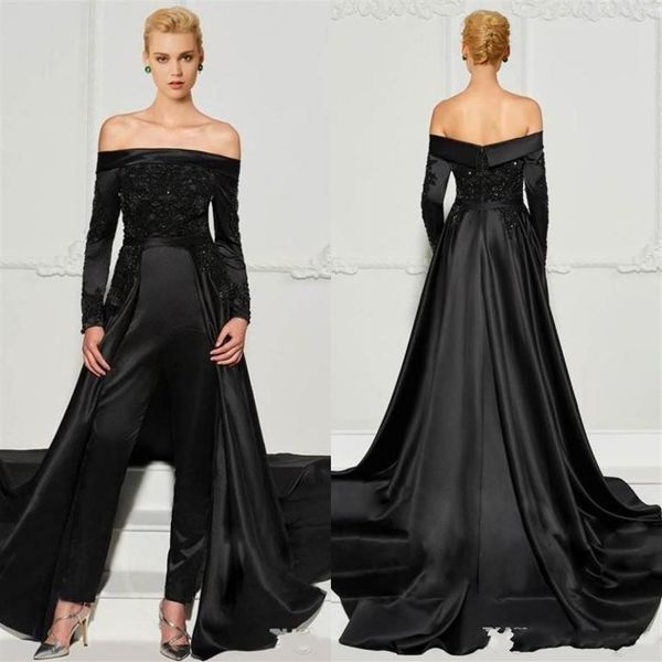 2022 black lace jumpsuits evening dresses with detachable train off the shoulder beaded formal gowns long sleeves sequined prom dr256r
2022 black lace jumpsuits evening dresses with detachable train off the shoulder beaded formal gowns long sleeves sequined prom dr256r