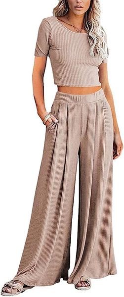 lounge set womens, outfits sets, ribbed crop short sleeve, palazzo pants loose sweatsuit knit,2 piece pajamas