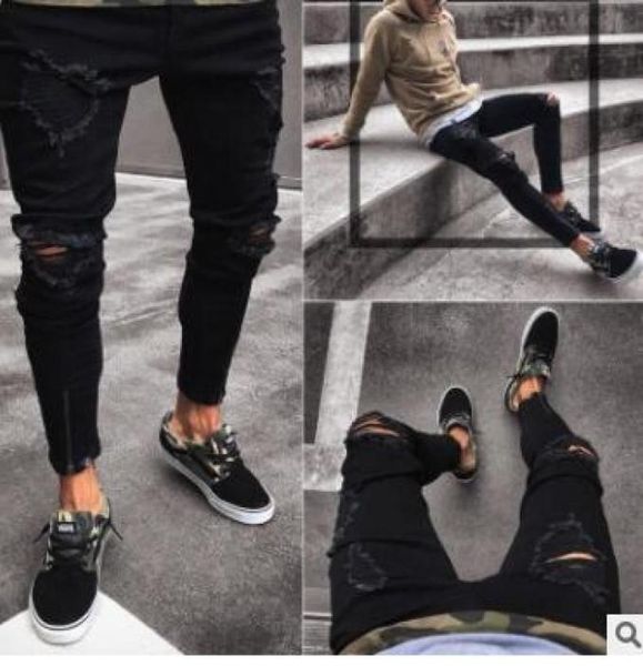 mens black ripped hiphop jeans fashion clothing zipper designer pencil pants slim fit trousers2095848, Blue 
mens black ripped hiphop jeans fashion clothing zipper designer pencil pants slim fit trousers2095848, Blue