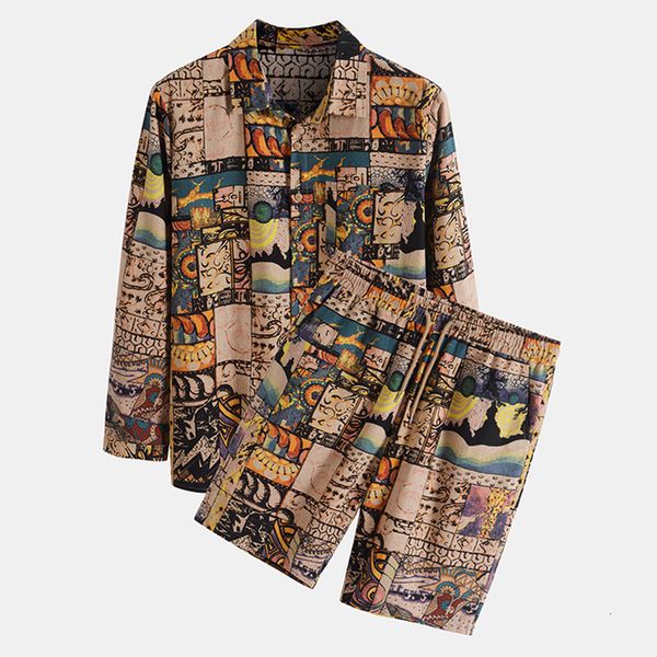 men s tracksuits sets lapel long sleeves printed shirt spring and summer beach street sleeve shorts two piece suit 230720, Gray 
men s tracksuits sets lapel long sleeves printed shirt spring and summer beach street sleeve shorts two piece suit 230720, Gray