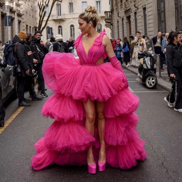 fuchsia high long ruffles evening dresses v neck sleeves tiered tulle celebrity gown cutaway sides front short back long special occasion dr, Black;red
fuchsia high long ruffles evening dresses v neck sleeves tiered tulle celebrity gown cutaway sides front short back long special occasion dr, Black;red