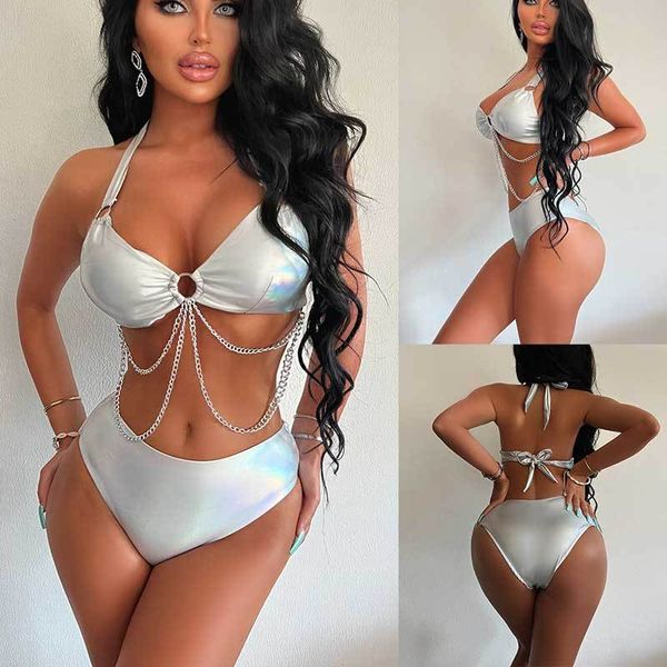 women's swimwear gold stamping fabric metal chain laser silver costume backless two-piece swimsuit bikini, White;black
women's swimwear gold stamping fabric metal chain laser silver costume backless two-piece swimsuit bikini, White;black