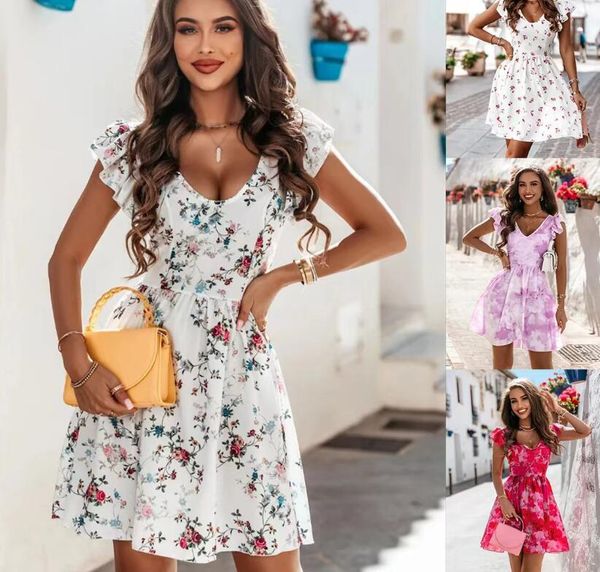 women's casual dress 2023 summer new print back bow women's dress flower print women's dress, Black;gray