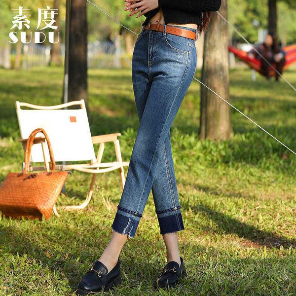 sudu new shadow contrast color small smoke pipe pants women's crop pants national style weaving belt worn small straight tube jeans, Blue
sudu new shadow contrast color small smoke pipe pants women's crop pants national style weaving belt worn small straight tube jeans, Blue