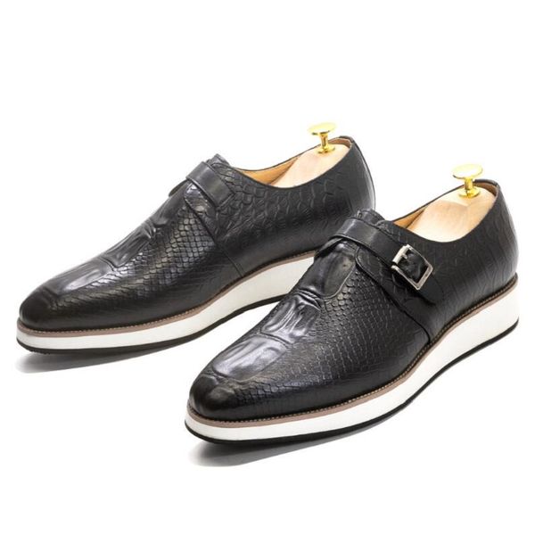 

luxury original buckle monk strap men's sneakers genuine cow leather crocodile print casual business flat dress shoes for men 1aa21, Black
