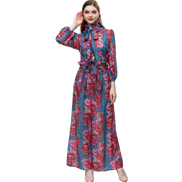 women's two piece pants sets stand ruffled collar bow detailing shirt with printed fashion pant high street twinset sets, White
women's two piece pants sets stand ruffled collar bow detailing shirt with printed fashion pant high street twinset sets, White