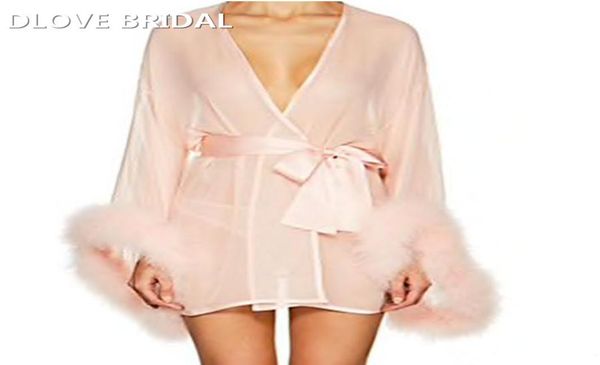 short blush pink bridal wedding robe with marabou trim on sleeve sash short night gown pajamas7689313, White
short blush pink bridal wedding robe with marabou trim on sleeve sash short night gown pajamas7689313, White