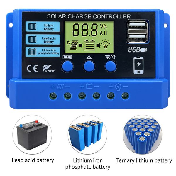 pwm solar charge controller 10a 20a 30a solar panel 12v 24v auto pv controller 50vdc for lithium lead