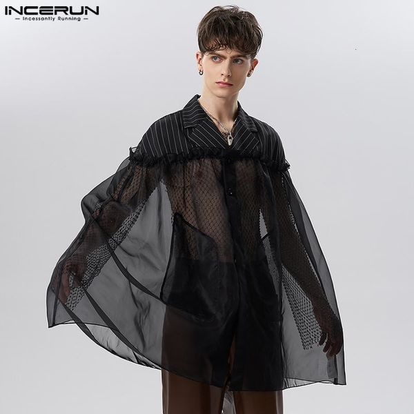 

men s casual shirts incerun fashion men shirt cloak mesh striped patchwork loose button lapel ruffle party ponchos 2023 streetwear male s 5x, White;black