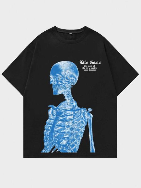 men's fashion street life guys slogan skeleton shoulder, White;black