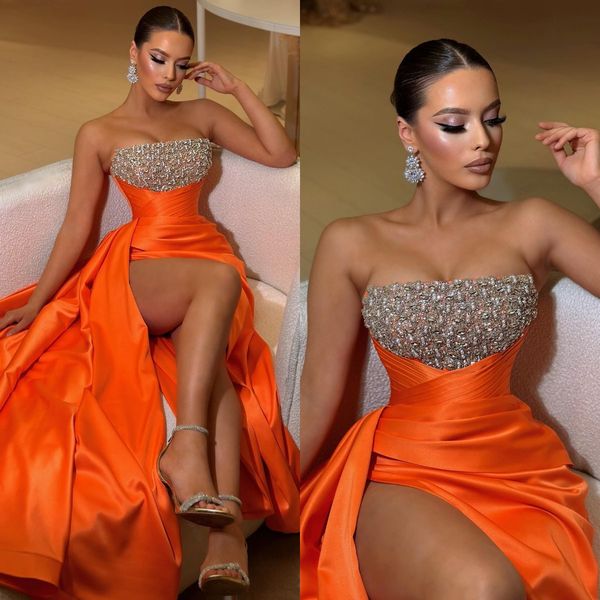 orange prom dresses beads strapless evening gowns pleats slit formal long special occasion party dress, Black
orange prom dresses beads strapless evening gowns pleats slit formal long special occasion party dress, Black