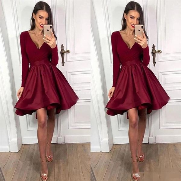 2020 burgundy cocktail party dresses long sleeves deep v neck satin pleats short prom dress formal occasion wear cocktail party go269x, Black
2020 burgundy cocktail party dresses long sleeves deep v neck satin pleats short prom dress formal occasion wear cocktail party go269x, Black