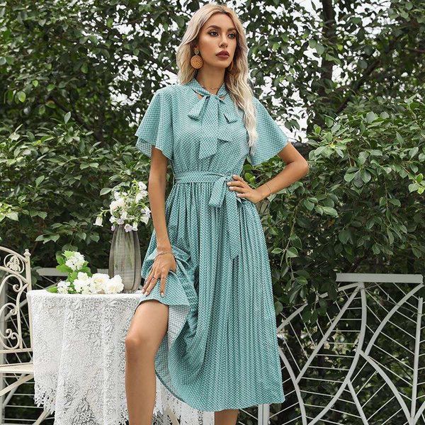 fashion womens green scarf collar short sleeves dress, Black;gray