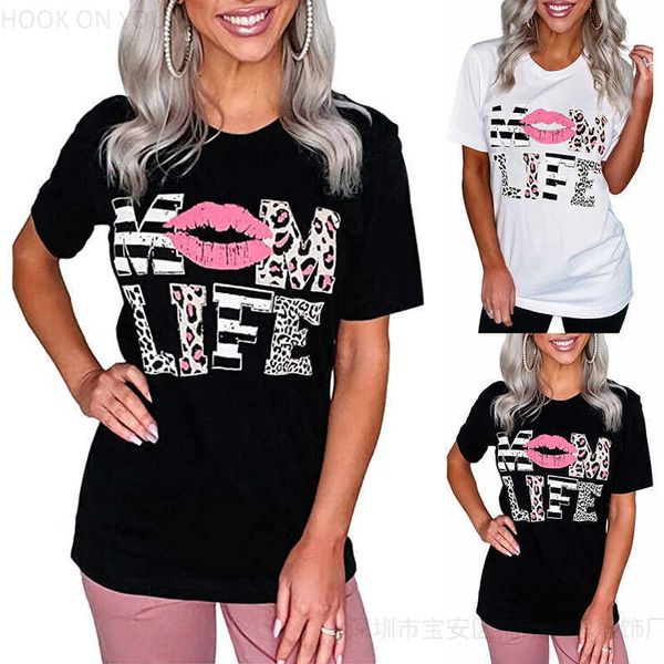 mom life pink lip short sleeve round neck women's t-shirt, White 
mom life pink lip short sleeve round neck women's t-shirt, White