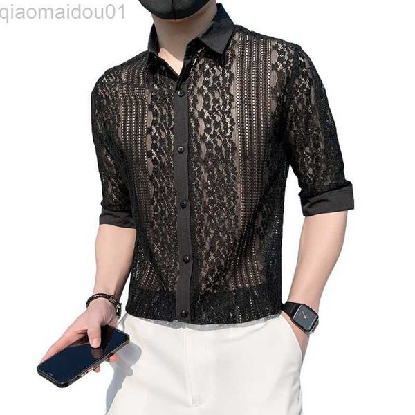 men's casual shirts mid-sleeve shirt lace hollow spring and summer dress personality handsome net red fashion elastic shirts for men l2, White;black
men's casual shirts mid-sleeve shirt lace hollow spring and summer dress personality handsome net red fashion elastic shirts for men l2, White;black