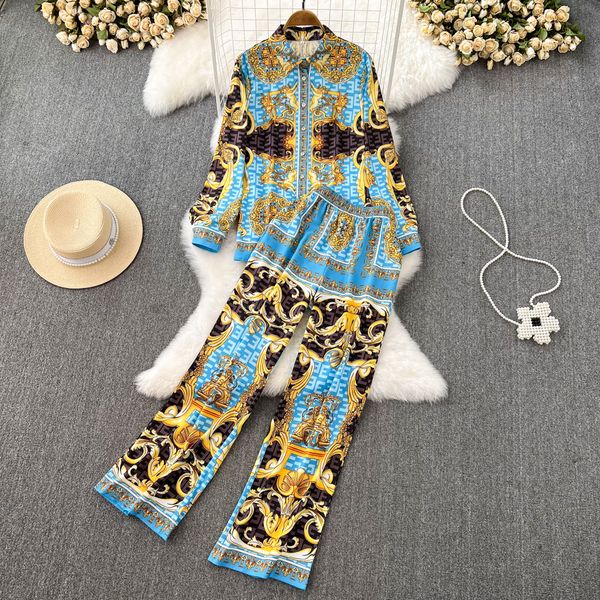 womens two piece pants spring and autumn fashion suit womens casual retro longsleeved printed shirt twopiece set high waist straight trouser, White
womens two piece pants spring and autumn fashion suit womens casual retro longsleeved printed shirt twopiece set high waist straight trouser, White