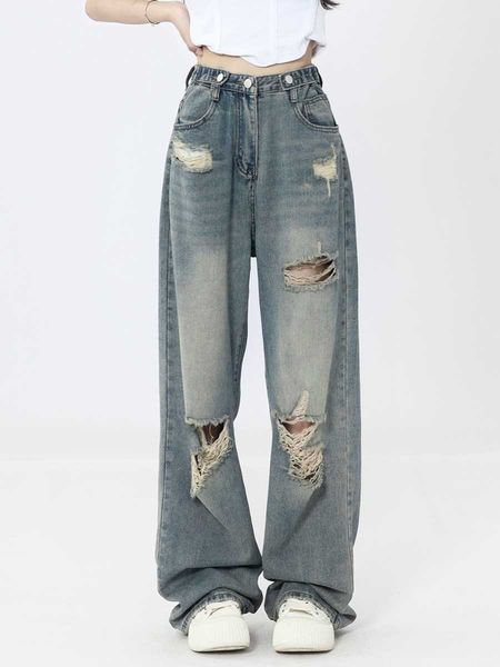 high street american retro distressed jeans for women in summer with loose and straight design feel, niche waisted and slim wide leg pants h, Blue
high street american retro distressed jeans for women in summer with loose and straight design feel, niche waisted and slim wide leg pants h, Blue