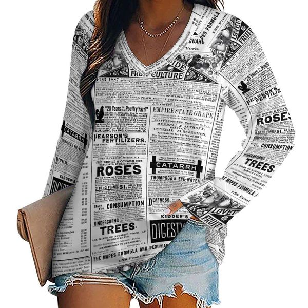 women's tshirt old spaper tshirts retro letter print elegant t shirt ladies long sleeve casual oversized v neck graphic clothing 23072, White
women's tshirt old spaper tshirts retro letter print elegant t shirt ladies long sleeve casual oversized v neck graphic clothing 23072, White