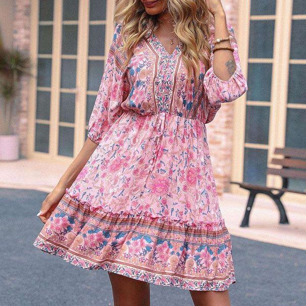 summer resort style womens clothing print vintage loose pink dress, Black;gray 
summer resort style womens clothing print vintage loose pink dress, Black;gray