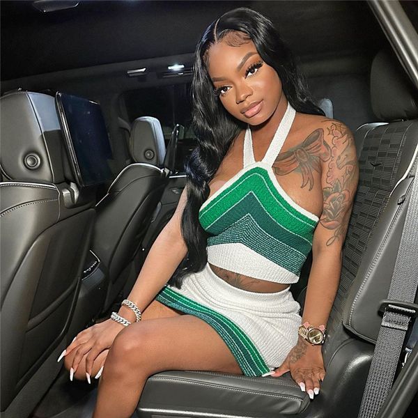 two piece dress color patchwork knitted 2 piece dress sets women summer halter vests crop high waist bodycon mini skirts stretch suits 2307, White
two piece dress color patchwork knitted 2 piece dress sets women summer halter vests crop high waist bodycon mini skirts stretch suits 2307, White