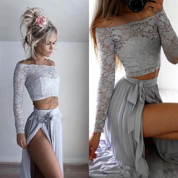 2019 two-pieces split side lace prom dresses off the shoulder a line chiffon illusion long sleeve party gowns246g, Black
2019 two-pieces split side lace prom dresses off the shoulder a line chiffon illusion long sleeve party gowns246g, Black