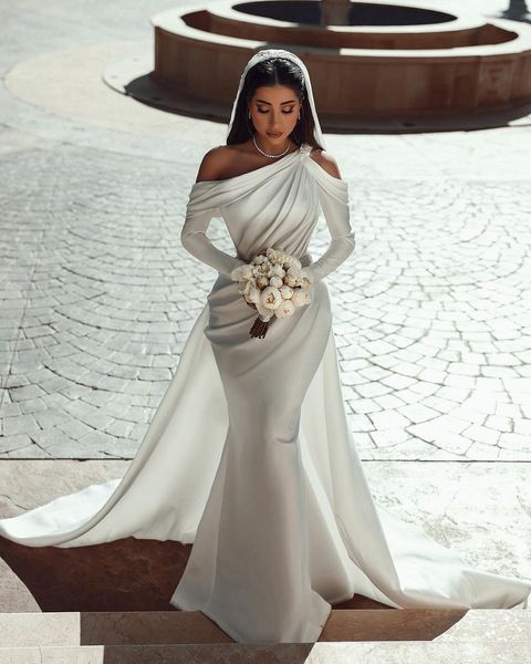 dubai arabic plus size mermaid wedding dresses for bride one shoulder long sleeves satin sequined beaded sweep train sashes bridal gowns ves, White
dubai arabic plus size mermaid wedding dresses for bride one shoulder long sleeves satin sequined beaded sweep train sashes bridal gowns ves, White
