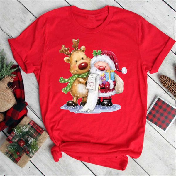 merry christmas santa bear truck print women's red t-shirt short sleeve, White