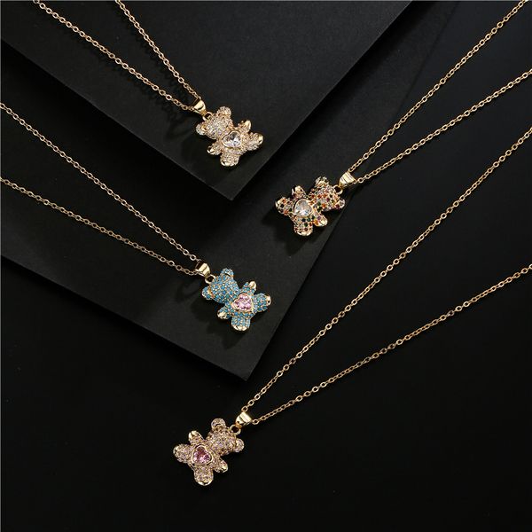 

New Popular Micro Pave Love Bear Pendant Necklace Jewelry with Gold Chain for Women