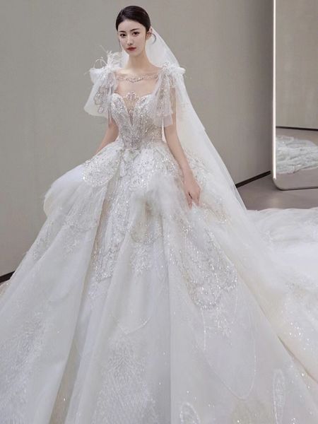 2023 romantic shiny gown wed dress elegant full sheer neck bling long train a line tulle multilayer wedding bridal gowns corset back wedding, White
2023 romantic shiny gown wed dress elegant full sheer neck bling long train a line tulle multilayer wedding bridal gowns corset back wedding, White