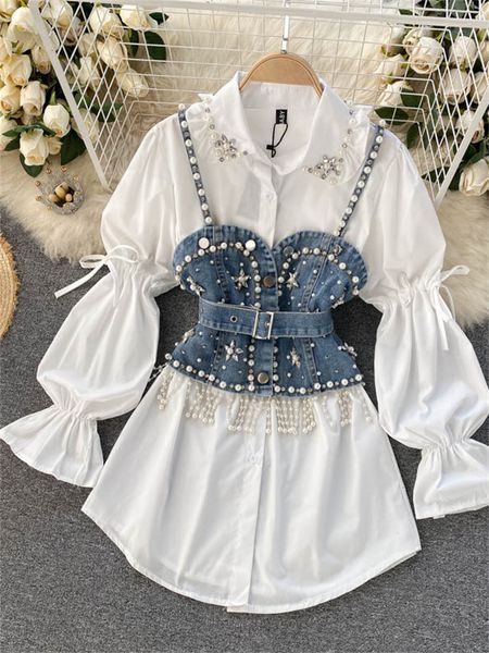 two piece dress shinny diamond beaded denim vest white shirt dress 2pcs suits puff sleeve blouse tassel pearl denim vest sets 230720
two piece dress shinny diamond beaded denim vest white shirt dress 2pcs suits puff sleeve blouse tassel pearl denim vest sets 230720