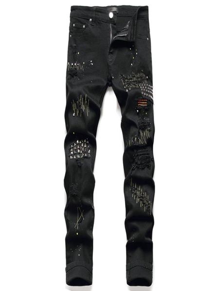 black rivets men039s jeans stretch ripped paint denim pants fashion slim embroidery trousers punk style male clothing pantalone5350392, Blue
black rivets men039s jeans stretch ripped paint denim pants fashion slim embroidery trousers punk style male clothing pantalone5350392, Blue
