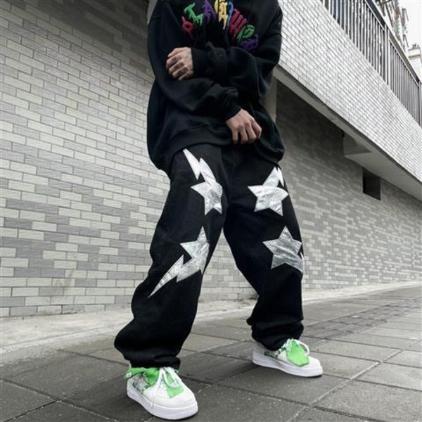 men's pants fashion black denim mens silver pentagram patch hip hop shreetwear loose casual jeans contrast color harajuku trousers 2307
men's pants fashion black denim mens silver pentagram patch hip hop shreetwear loose casual jeans contrast color harajuku trousers 2307