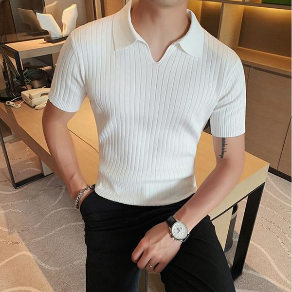 men's polos 2023 spring summer knit polo shirt men casual turndown collar buttonup fashion striped solid color slim 230720, White;black
men's polos 2023 spring summer knit polo shirt men casual turndown collar buttonup fashion striped solid color slim 230720, White;black