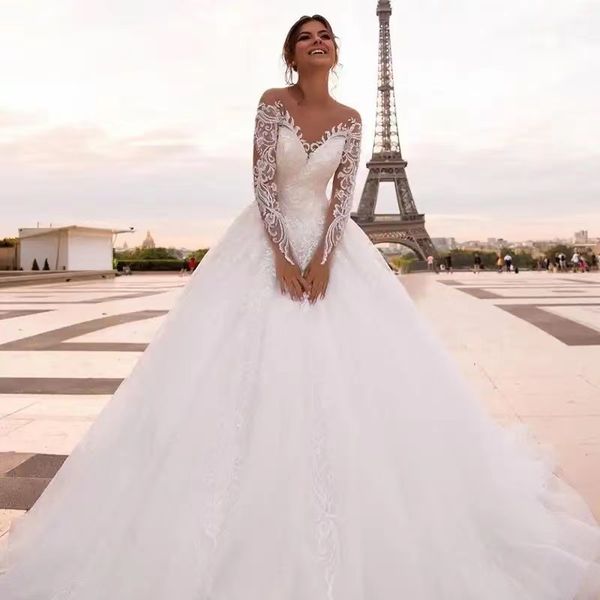 sweetheart 3d floral appliques wed dress with long train long sleeve lace beach bridal gown country sweep train dress for bride tulle bridal, White
sweetheart 3d floral appliques wed dress with long train long sleeve lace beach bridal gown country sweep train dress for bride tulle bridal, White