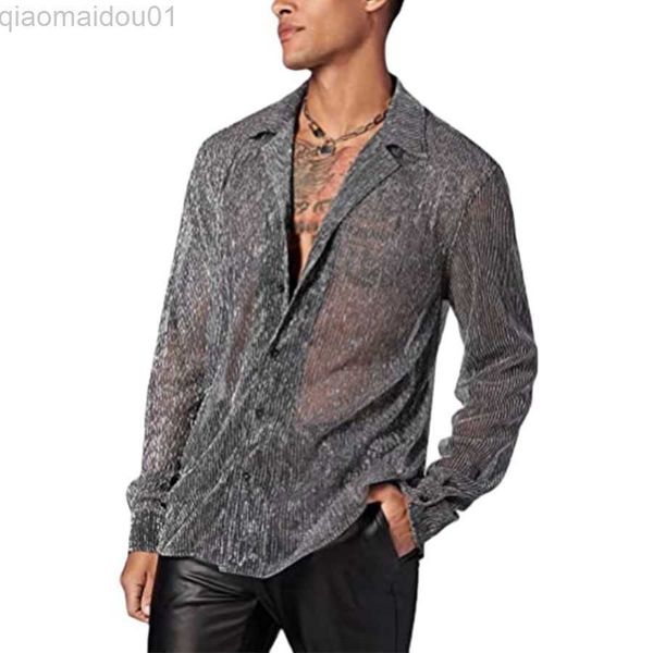men's casual shirts mens sheer mesh see through shirts shiny glitter button up shirt men party nightclub stage singer clothing chemise, White;black
men's casual shirts mens sheer mesh see through shirts shiny glitter button up shirt men party nightclub stage singer clothing chemise, White;black